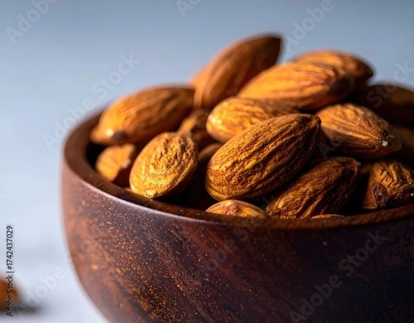 Fototapeta Close-up of roasted almonds in a dark wooden bowl on a textured surface, captured with natural light and shallow depth of field. Perfect for healthy food, snack, and organic nutrition concepts.
