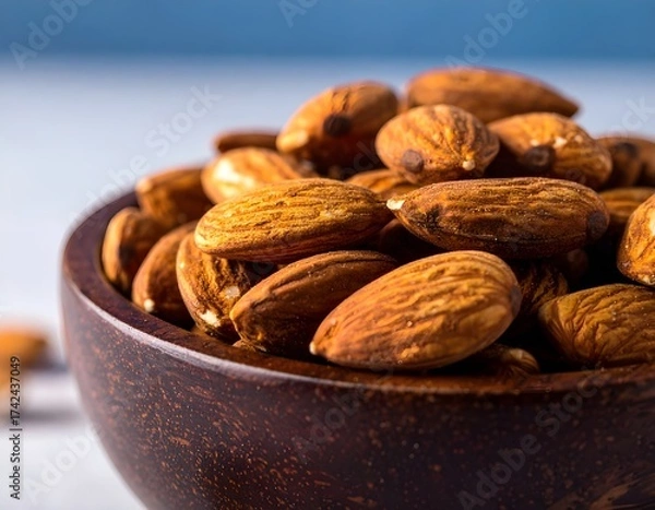 Fototapeta Close-up of roasted almonds in a dark wooden bowl on a textured surface, captured with natural light and shallow depth of field. Perfect for healthy food, snack, and organic nutrition concepts.
