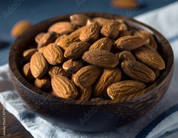 Fototapeta Close-up of roasted almonds in a dark wooden bowl on a textured surface, captured with natural light and shallow depth of field. Perfect for healthy food, snack, and organic nutrition concepts.
