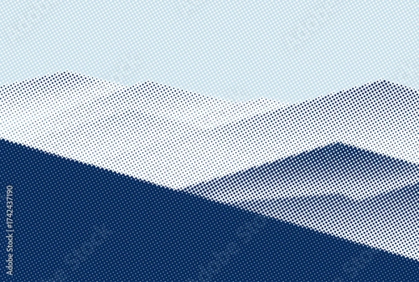 Obraz Halftone mountain landscape with dotted geometric peaks in blue shades, vector illustration.