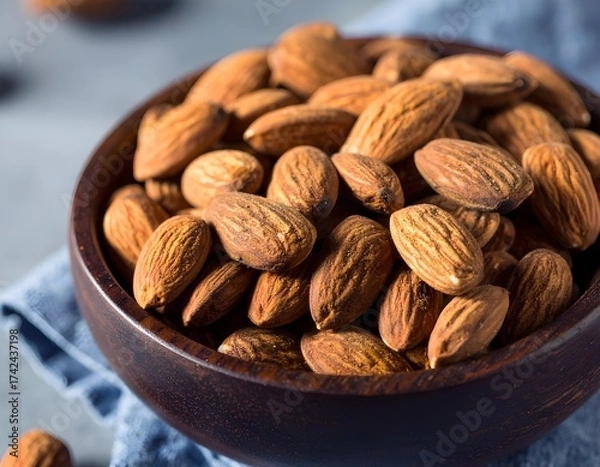 Fototapeta Close-up of roasted almonds in a dark wooden bowl on a textured surface, captured with natural light and shallow depth of field. Perfect for healthy food, snack, and organic nutrition concepts.
