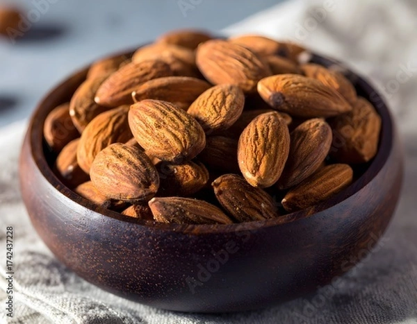 Fototapeta Close-up of roasted almonds in a dark wooden bowl on a textured surface, captured with natural light and shallow depth of field. Perfect for healthy food, snack, and organic nutrition concepts.
