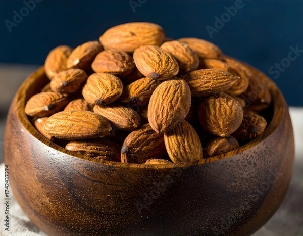 Fototapeta Close-up of roasted almonds in a dark wooden bowl on a textured surface, captured with natural light and shallow depth of field. Perfect for healthy food, snack, and organic nutrition concepts.
