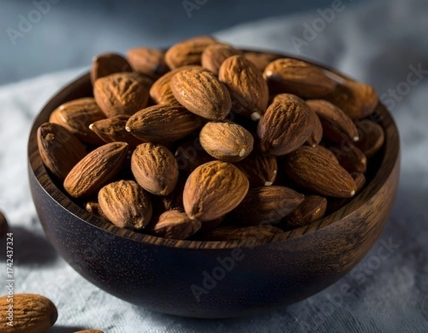 Fototapeta Close-up of roasted almonds in a dark wooden bowl on a textured surface, captured with natural light and shallow depth of field. Perfect for healthy food, snack, and organic nutrition concepts.
