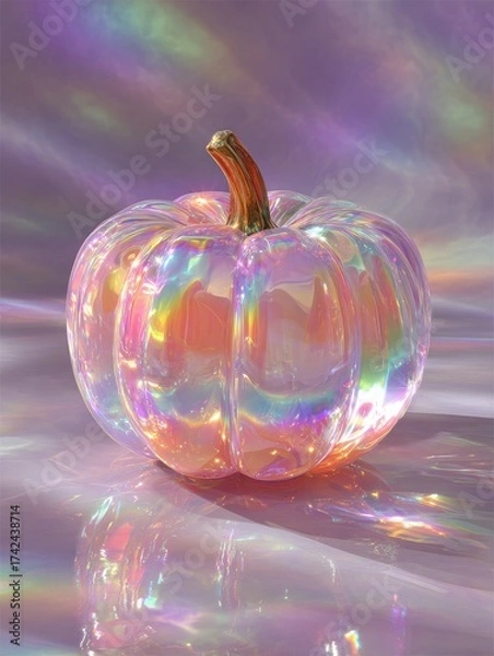Obraz Holographic pumpkin illustration with fluorescent chrome swirl effect on transparent background, glowing futuristic design, vibrant colors, metallic reflections, and magical abstract style