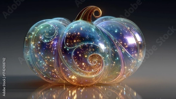 Obraz Holographic pumpkin illustration with fluorescent chrome swirl effect on transparent background, glowing futuristic design, vibrant colors, metallic reflections, and magical abstract style