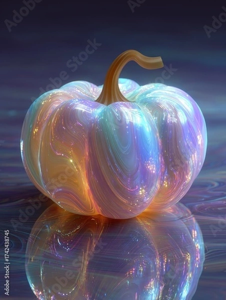 Obraz Holographic pumpkin illustration with fluorescent chrome swirl effect on transparent background, glowing futuristic design, vibrant colors, metallic reflections, and magical abstract style