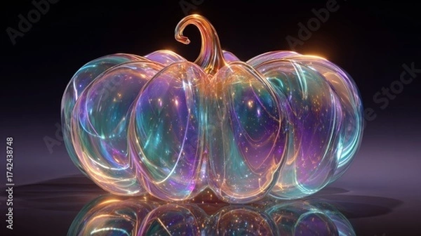 Obraz Holographic pumpkin illustration with fluorescent chrome swirl effect on transparent background, glowing futuristic design, vibrant colors, metallic reflections, and magical abstract style