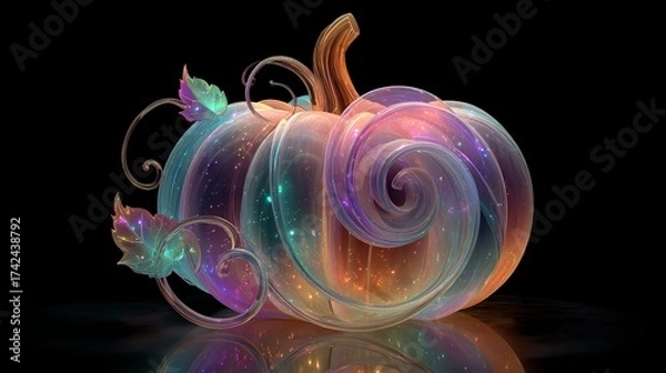 Obraz Holographic pumpkin illustration with fluorescent chrome swirl effect on transparent background, glowing futuristic design, vibrant colors, metallic reflections, and magical abstract style