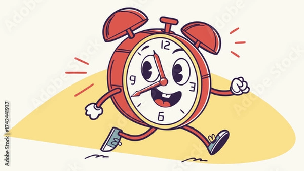 Fototapeta Animated Red Alarm Clock Character Running with Sneakers and Expressive Face