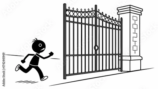 Fototapeta Animated Stick Figure Running Towards Ornate Iron Gate with Stone Pillar