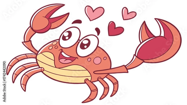 Fototapeta Cheerful Cartoon Crab with Hearts Expressing Affection and Joyful Emotions