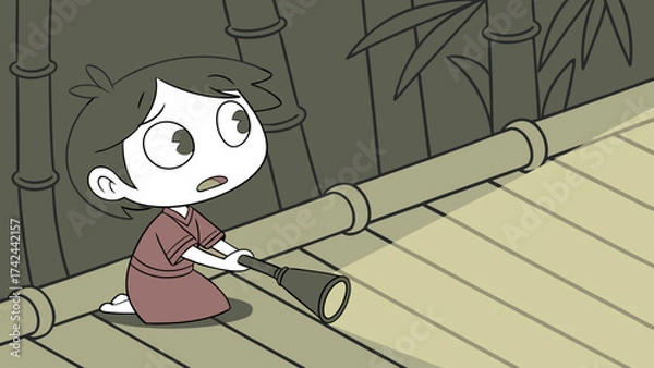 Fototapeta Curious Cartoon Child Exploring with a Flashlight in a Darkened Setting