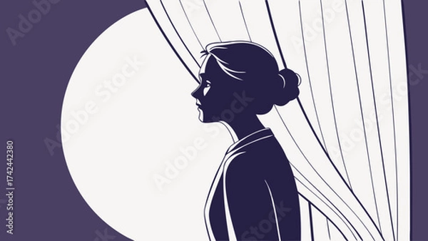 Fototapeta Silhouette of a woman in profile with a bun standing near curtains and a circular window