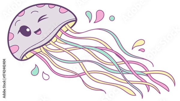 Fototapeta Smiling Cartoon Jellyfish with Pastel Colors and Flowing Tentacles