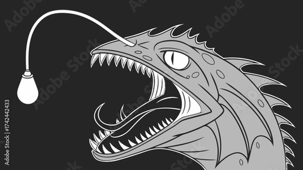 Fototapeta Stylized Anglerfish with Bioluminescent Lure and Open Mouth Displaying Sharp Teeth