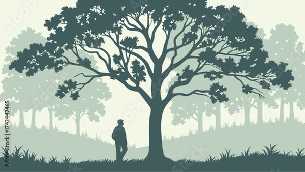 Fototapeta Solitary Figure Beneath Sprawling Tree Silhouette in Forest Landscape