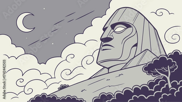 Fototapeta Stylized Illustration of a Moai Statue Under a Crescent Moon and Clouds