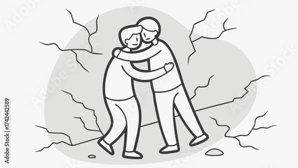 Fototapeta Two figures embracing against a cracked grey backdrop in a line drawing