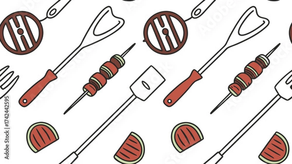 Fototapeta Whimsical BBQ Utensils and Treats Pattern Skewers Spatulas Watermelon Slices