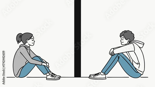 Fototapeta Two People Separated by a Black Line Sitting and Contemplating