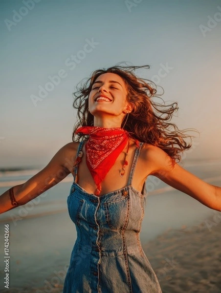 Obraz Joyful woman celebrating evening sunset on sandy beach wearing denim outfit and red scarf near tranquil ocean scenery
