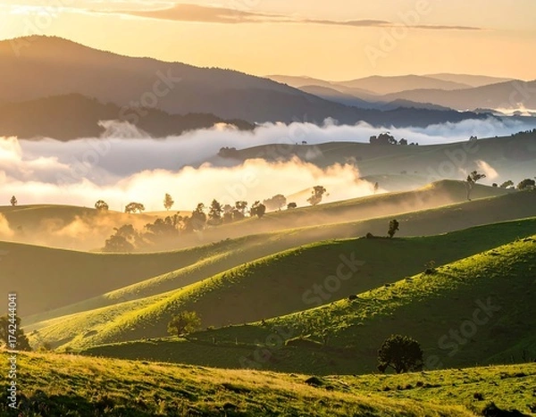 Fototapeta Rolling Hills at Sunrise - A Serene Landscape View.