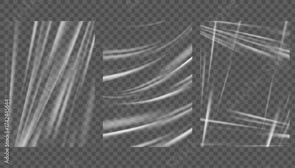 Obraz Wrapped plastic film with clear transparent effect. Textured vinyl foil background with wrinkles. Vector pvc warped material for poster and banner design. Glued adhesive template