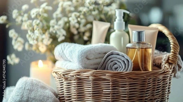 Fototapeta A neatly arranged hamper basket containing self-care products like lotions, towels, and scented candles for gifting