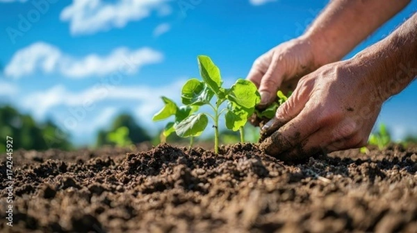 Fototapeta A pair of weathered hands planting seedlings in rich soil under a clear blue sky on a sunny day