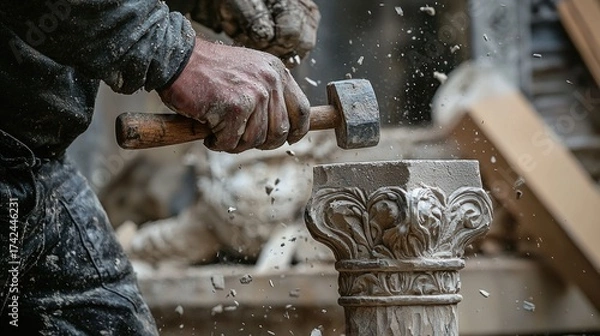 Fototapeta A dynamic action shot capturing the moment a hammer hits a chisel carving intricate details in stone