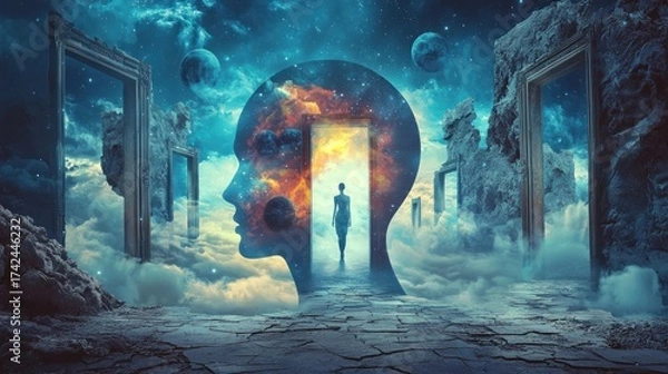 Fototapeta A dreamy surreal illustration of a mind with doors opening into different worlds, each representing a new ken or perspective