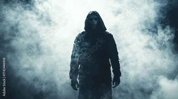 Fototapeta A fearsome masked figure emerges from heavy fog in a suspenseful horror setting with dramatic shadows and eerie lighting