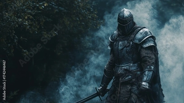 Fototapeta A fearsome warrior clad in battle-worn armor stands in a dark forest with smoke rising behind them and a blade gripped tightly