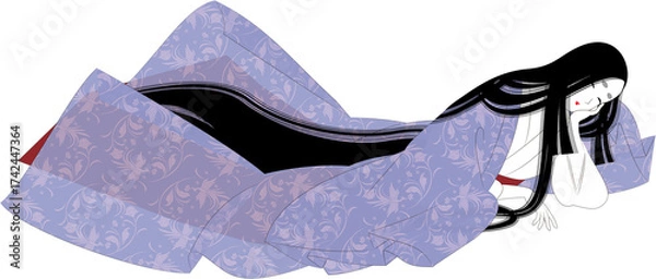 Obraz 日本の伝統民族衣装。薄衣の袿姿で寝そべる女性のイラスト。