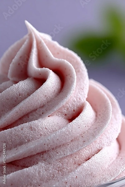 Fototapeta Macro shot of a pink soft-serve swirl with frosty texture and pastel background—tempting dessert close-up