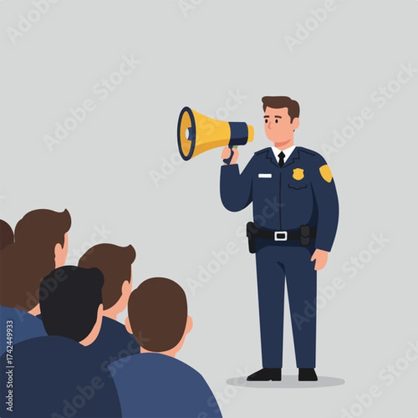 Fototapeta Officer addressing a crowd through a megaphone