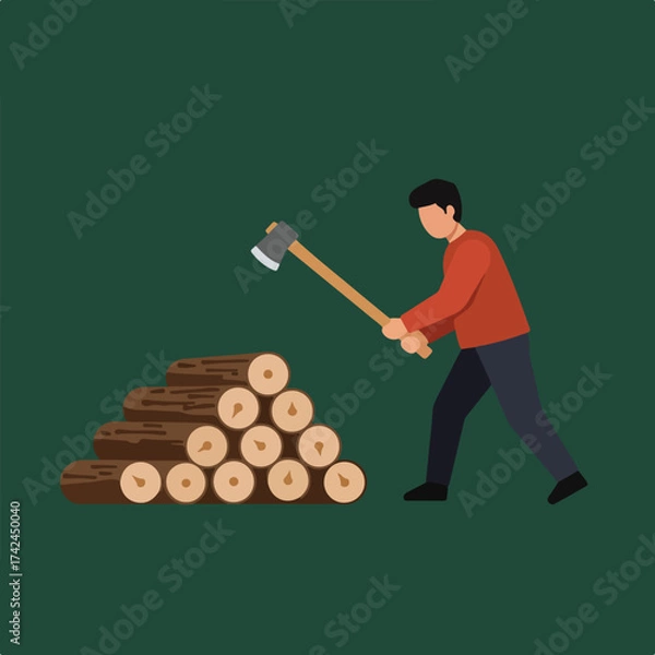 Fototapeta A person chops wood with an axe next to a stack of logs
