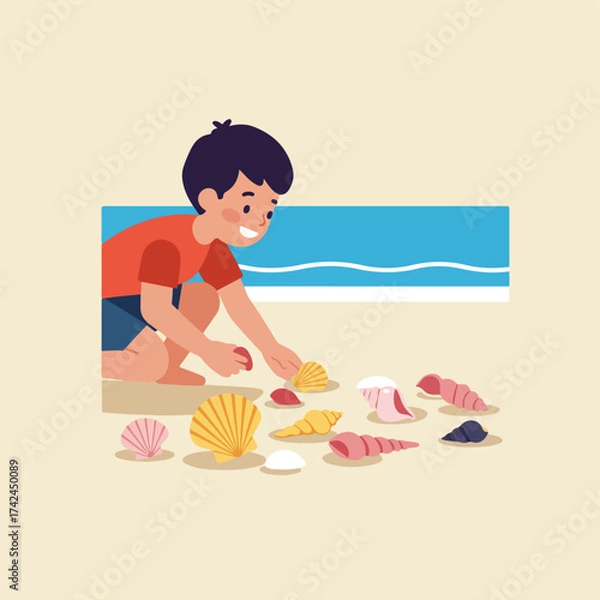 Fototapeta Young boy on a sandy beach collecting colorful seashells by the blue ocean