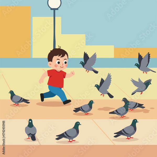 Fototapeta A child playfully runs toward pigeons gathered on a paved sidewalk