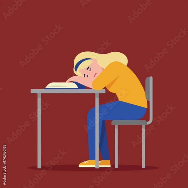 Fototapeta Exhausted student sleeps on an open book at a desk