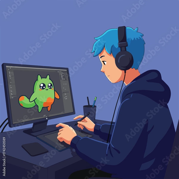 Fototapeta Person wearing headphones creating digital art of a cute cartoon creature on computer