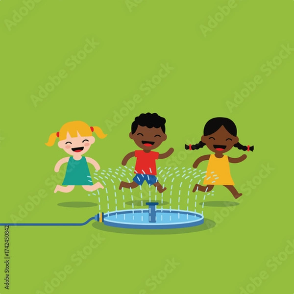 Fototapeta Children joyfully run through a sprinkler on a grassy field