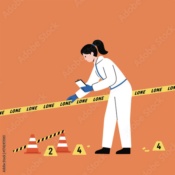 Fototapeta Forensic investigator in protective suit examining evidence at a crime scene