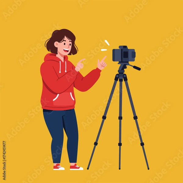 Fototapeta Person in red hoodie films with camera on tripod