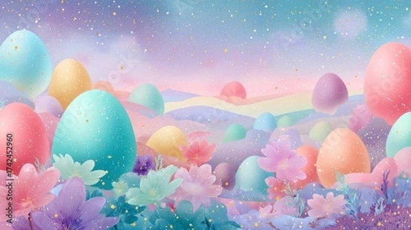 Fototapeta Colorful Easter eggs scattered across a dreamy pastel landscape in springtime bloom with flowers and soft hues of blue, pink, and yellow under a sparkling sky