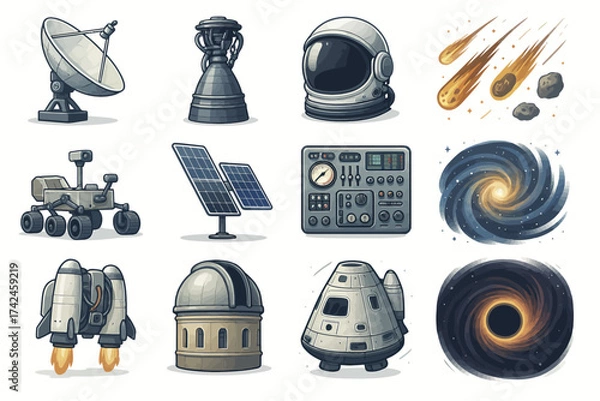Fototapeta Space exploration icons: satellite dish, astronaut helmet, rocket, black hole, solar panel, meteor shower