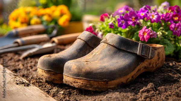 Fototapeta Gardening clogs resting on soil with flowers and tools