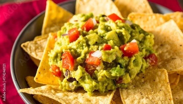 Fototapeta Delicious Guacamole with Tortilla Chips - A Fresh and Flavorful Snack.