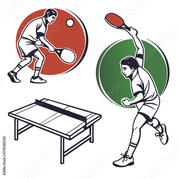 Obraz Table Tennis Set. Vector illustrations of ping pong player and table
